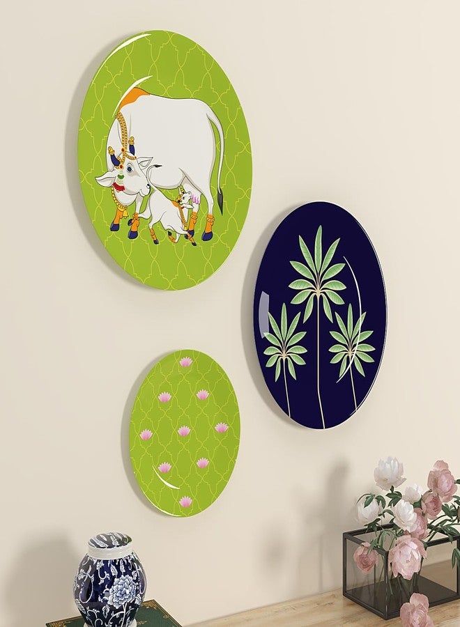 WOODHANG Set of 3 Decorative Plates with Sacred Cow, Palm Tree, and Lotus Motifs|Wall Art for Home Decoration|Wall Decor Items for Living Room|Wall Art|Wall Showpiece - Image 3