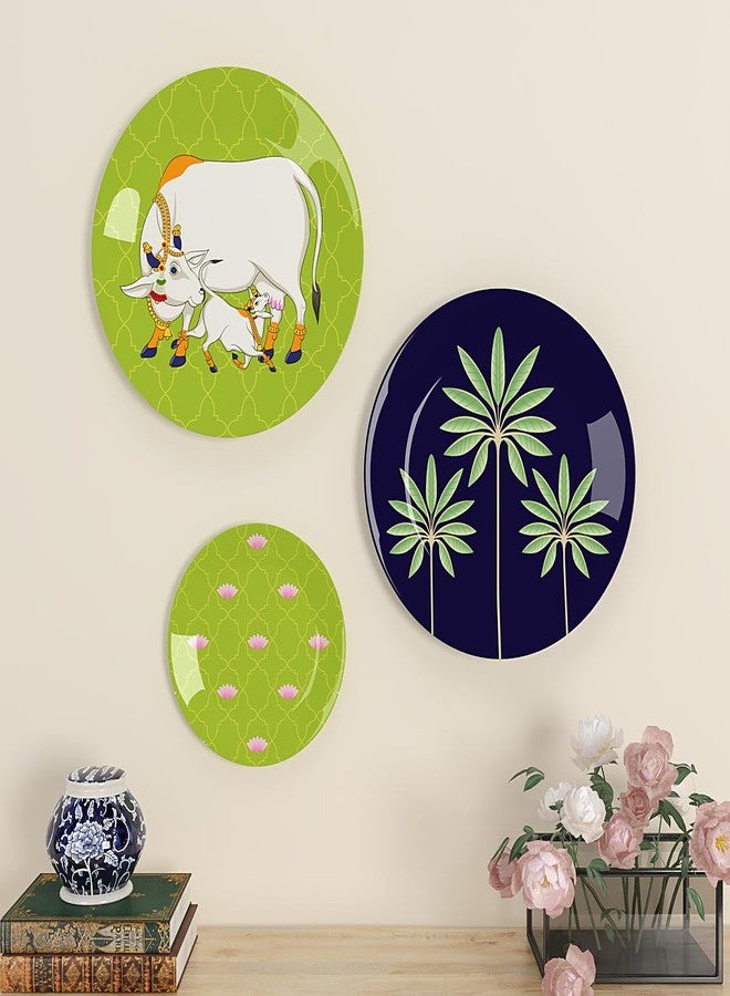 WOODHANG Set of 3 Decorative Plates with Sacred Cow, Palm Tree, and Lotus Motifs|Wall Art for Home Decoration|Wall Decor Items for Living Room|Wall Art|Wall Showpiece - Image 1
