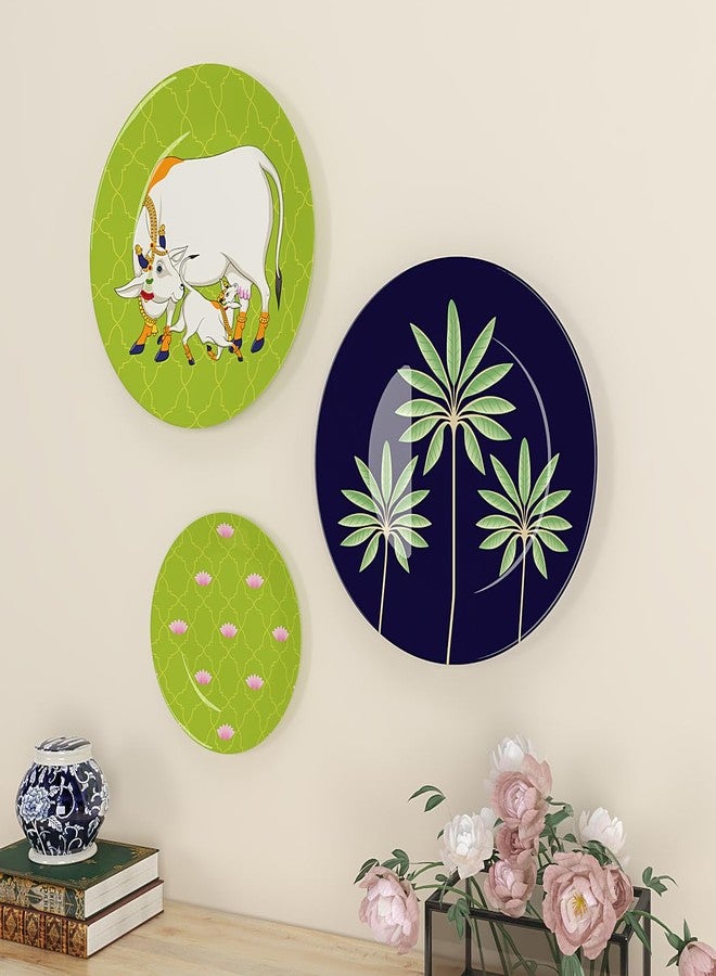 WOODHANG Set of 3 Decorative Plates with Sacred Cow, Palm Tree, and Lotus Motifs|Wall Art for Home Decoration|Wall Decor Items for Living Room|Wall Art|Wall Showpiece - Image 4