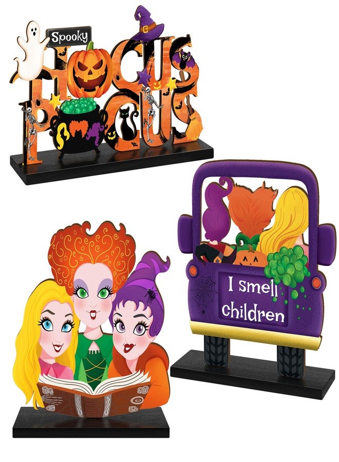 CIOEY 3 Pieces Hocus Pocus Halloween Table Sign Decorations, Halloween Witch Sisters Wooden Centerpiece Table Signs Truck I Smell Children for Kitchen Home Halloween Party Supplies - Image 1