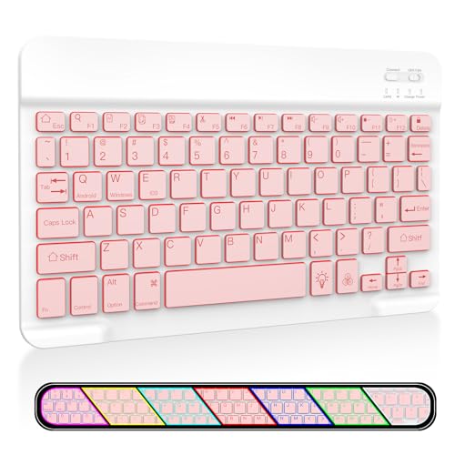 XIWMIX Ultra-Slim Wireless Bluetooth Keyboard-7 Colors Backlit Universal Rechargeable Portable Keyboard for iPad 10th/9th/8th/iPad Pro/Air/Mini/Galaxy Tablet & Other iOS Android Windows Devices-Pink - Image 1