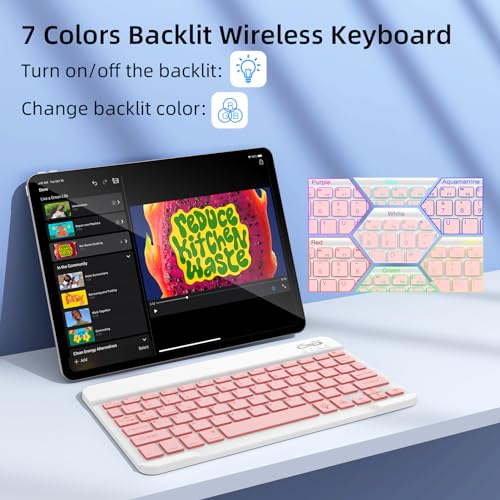 XIWMIX Ultra-Slim Wireless Bluetooth Keyboard-7 Colors Backlit Universal Rechargeable Portable Keyboard for iPad 10th/9th/8th/iPad Pro/Air/Mini/Galaxy Tablet & Other iOS Android Windows Devices-Pink - Image 3