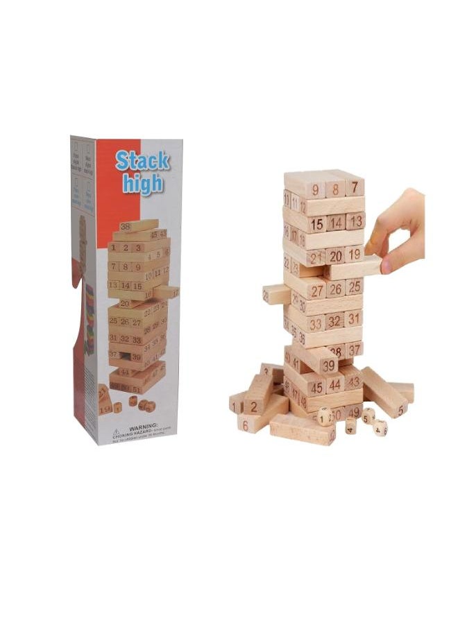 Kids Time High Stack Wooden Block Game - 54 Pieces Classic Numbered Tower Game for Kids, 1 or More Players 