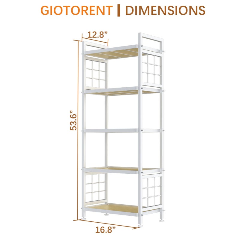 GIOTORENT 5-Tier Pantry Shelves with Wooden Boards, Heavy Duty Storage Shelves & Book Shelf, Adjustable Metal Shelving Unit for Kitchen Bathroom Laundry Organizer, Sturdy Rust-Resistant, White - Image 4