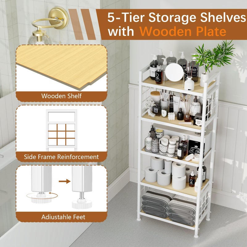 GIOTORENT 5-Tier Pantry Shelves with Wooden Boards, Heavy Duty Storage Shelves & Book Shelf, Adjustable Metal Shelving Unit for Kitchen Bathroom Laundry Organizer, Sturdy Rust-Resistant, White - Image 2