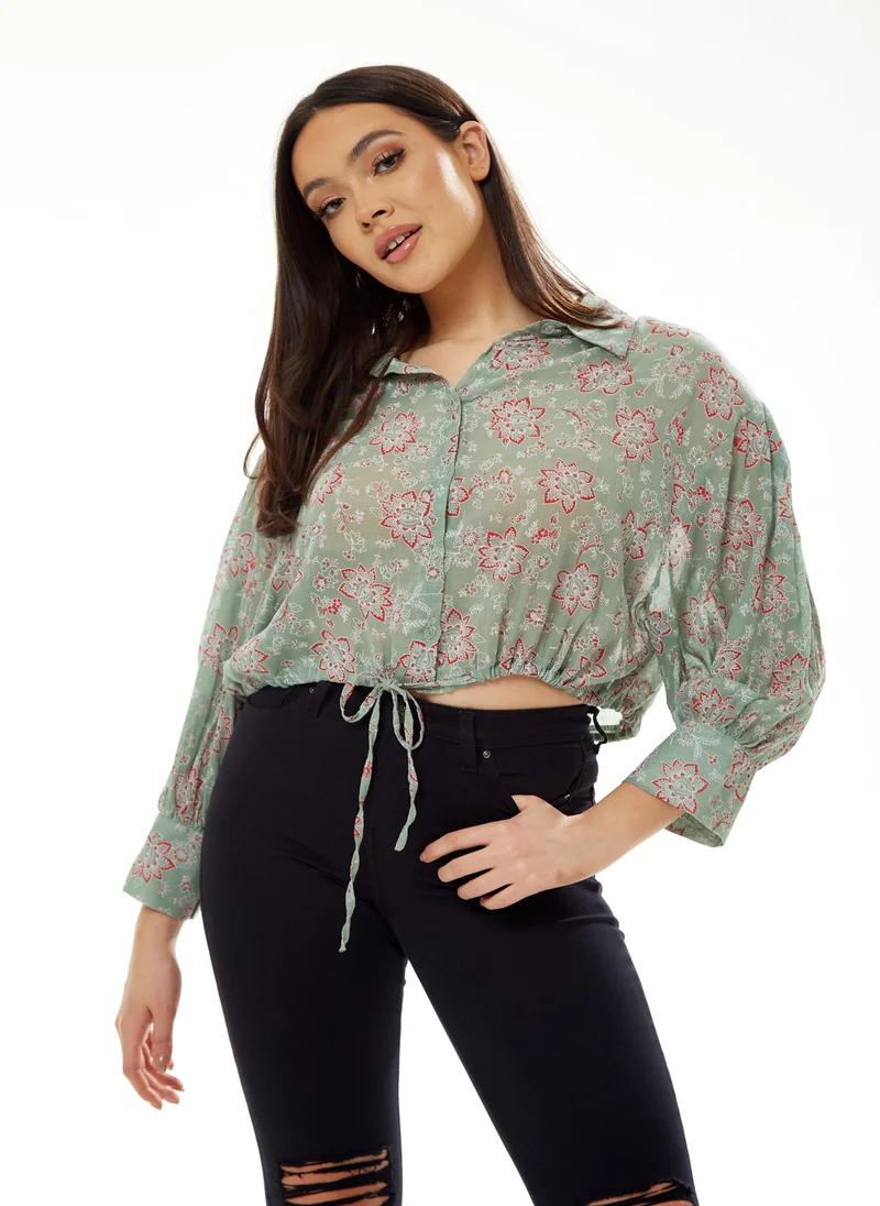 Liquorish Floral Print Crop Shirt Mint