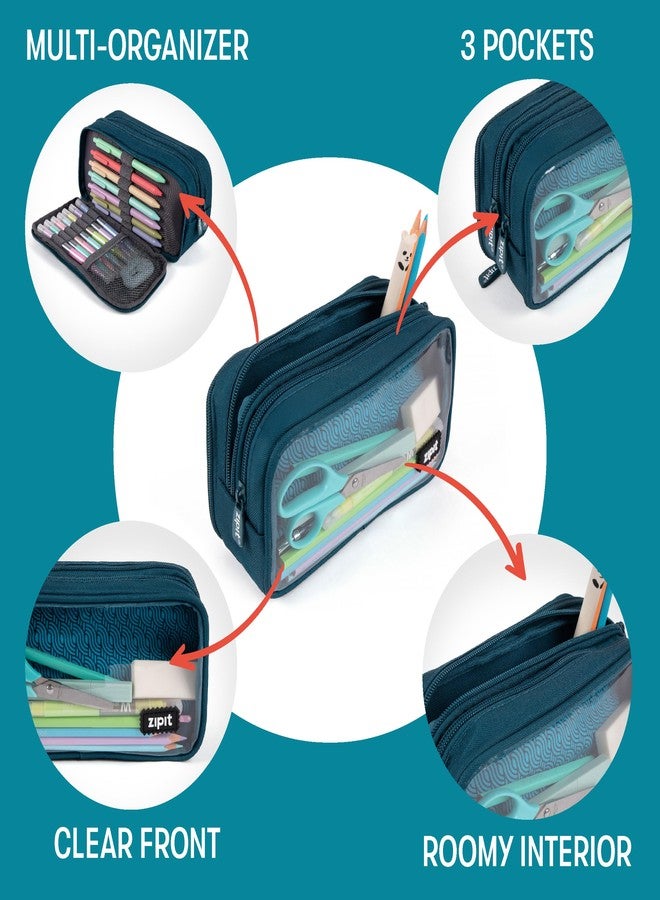 ZIPIT Half & Half Pencil Case, 3 Compartment Zipper Pouch for School, Stationery Bag for Teen Girls Boys and Adults, Teal - Image 4