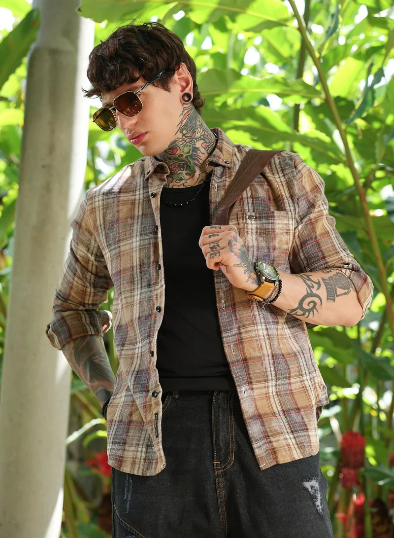 Men's Ochre Brown Faded-Plaid Regular Shirt
