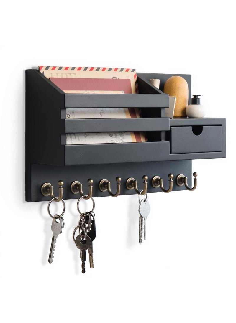 FifthQuarter FifthQuarter Key and Mail Holder for Wall Mail Organizer Wall Mount with 6 Hooks and Storage Drawer Easy Installation Key Rack for Entryway and Home Decor ABlack 
