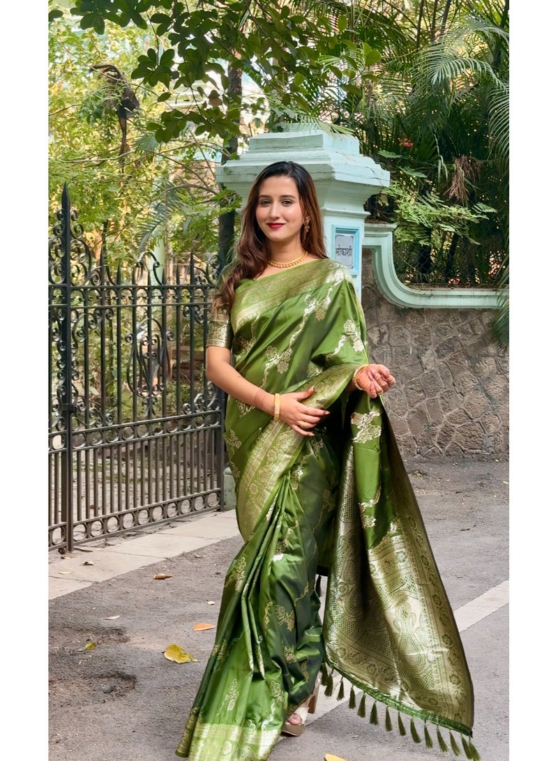 Premium Banarasi Soft Silk Green Sarees  - Image 1