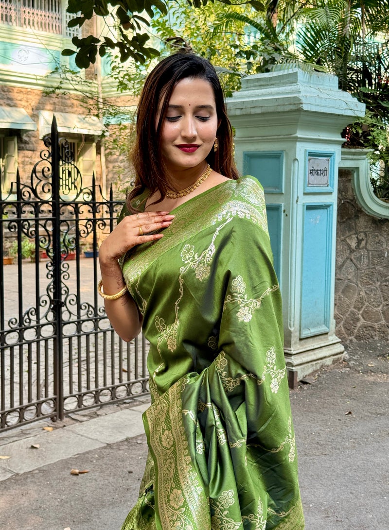 Premium Banarasi Soft Silk Green Sarees  - Image 2