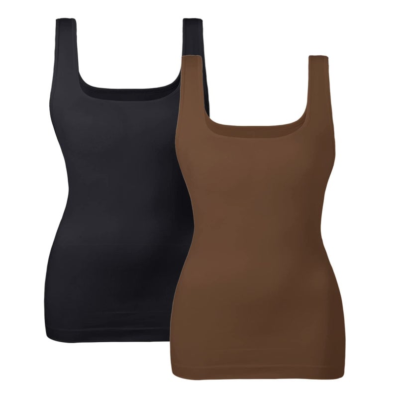 EUYZOU Women's 2PK Tummy Control Shapewear Tank Tops Seamless Square Neck Compression Tops Slimming Body Shaper Camisole-Black/Coffee M - Image 1