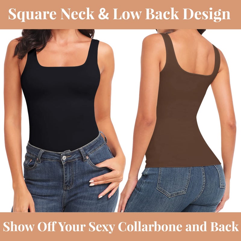 EUYZOU Women's 2PK Tummy Control Shapewear Tank Tops Seamless Square Neck Compression Tops Slimming Body Shaper Camisole-Black/Coffee M - Image 5