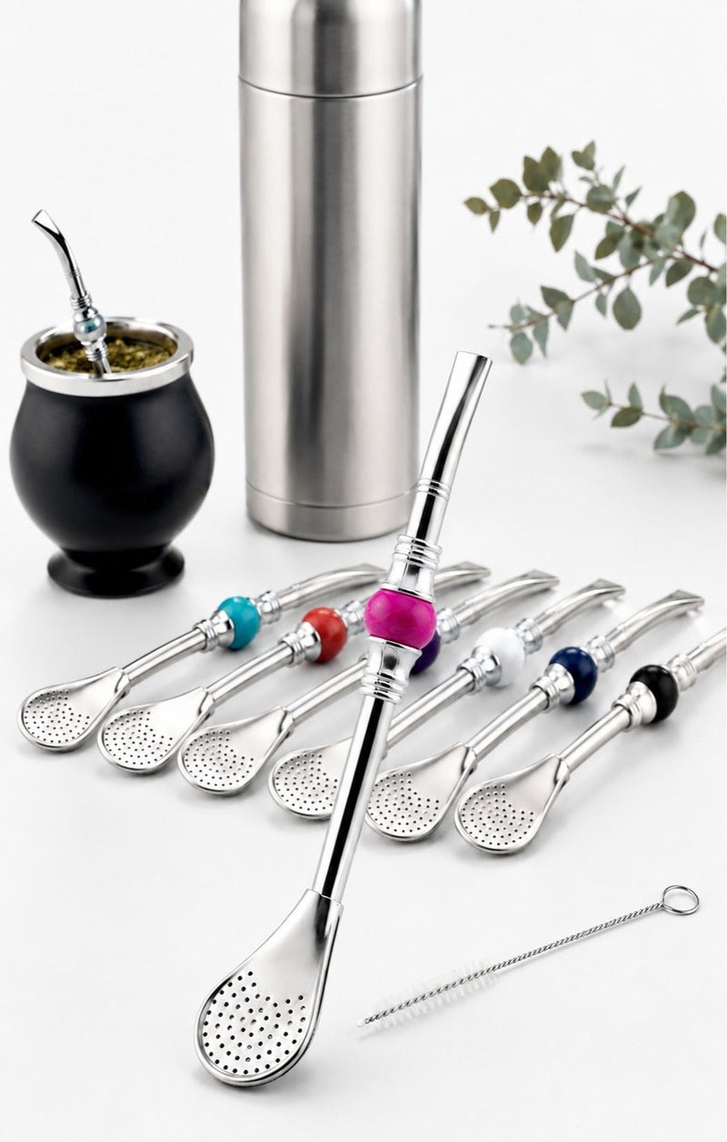 Yerba Mate Bombilla Straw with Filter Spoon & Cleaning Brush, Stainless Steel, Colorful Bead - Image 2
