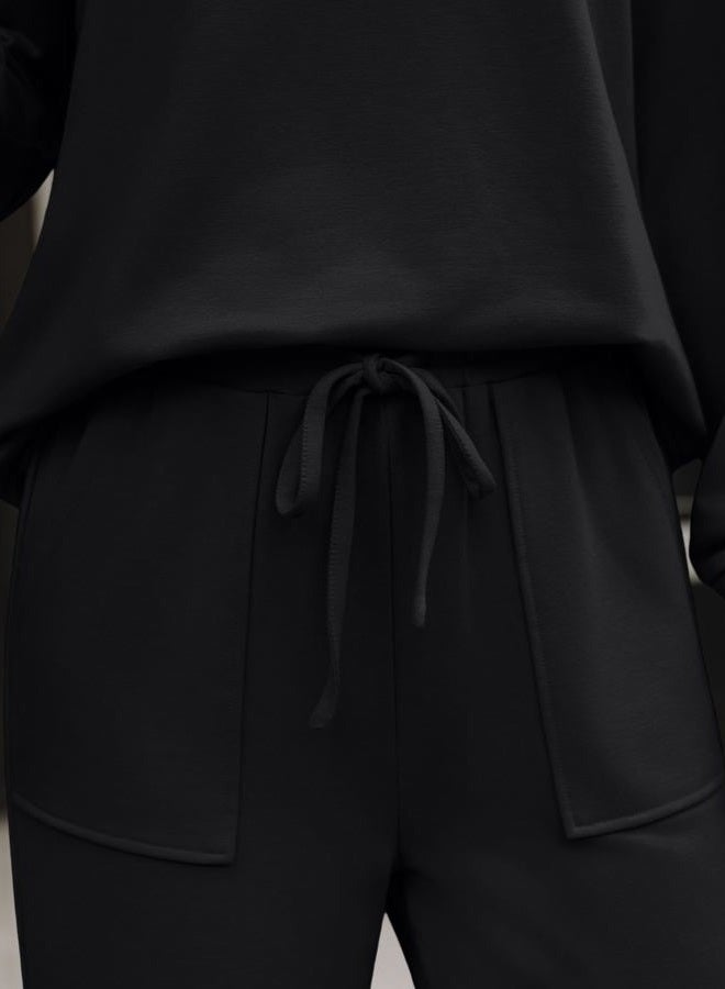 LILLUSORY Womens Two Piece Lounge Sets Mock Turtleneck Tops Wide Leg Drawstring Pants Sweatsuit with Pockets, Black, M - Image 5