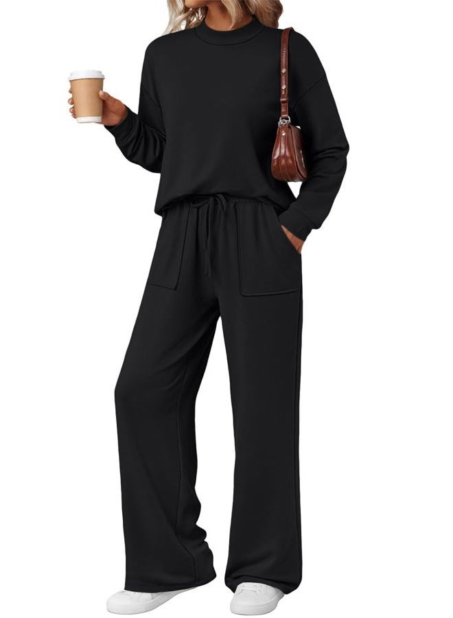 LILLUSORY Womens Two Piece Lounge Sets Mock Turtleneck Tops Wide Leg Drawstring Pants Sweatsuit with Pockets, Black, M - Image 1