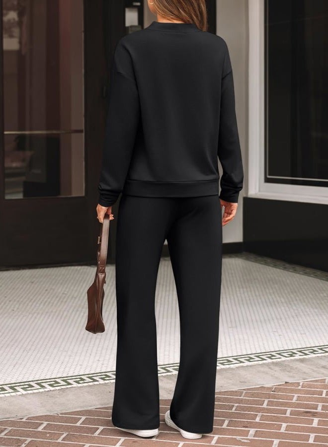 LILLUSORY Womens Two Piece Lounge Sets Mock Turtleneck Tops Wide Leg Drawstring Pants Sweatsuit with Pockets, Black, M - Image 4