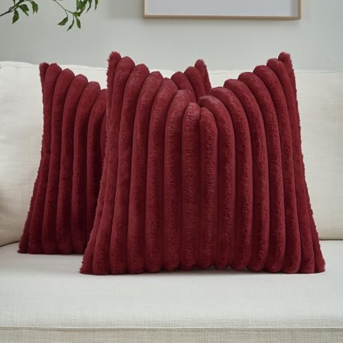 FUTEI Pack of 2 Fluffy Faux Fur Throw Pillow Covers 18x18 Inch Elegant Striped Textured Decorative Cushion Cases Modern Accent Pillow for Couch Bed Living Room Burgundy - Image 1