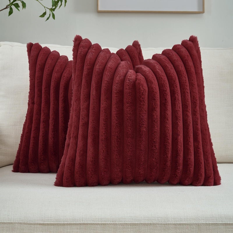 FUTEI Pack of 2 Fluffy Faux Fur Throw Pillow Covers 18x18 Inch Elegant Striped Textured Decorative Cushion Cases Modern Accent Pillow for Couch Bed Living Room Burgundy - Image 2