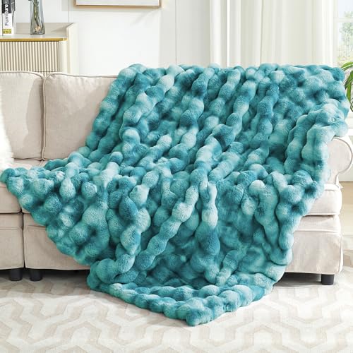 VFROO Ultra Plush Bubble Faux Rabbit Fur Blanket – 950GSM Thick Fluffy Throw Blanket for Bed, Couch, Sofa, or Gift, 50" × 60", Tie-dye Teal - Image 1
