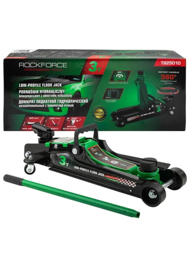 ROCKFORCE Low Profile Hydraulic Floor Jack 3T – 360° Swivel Handle Vehicle Jack 85–385mm with Rubber Pad - Image 1