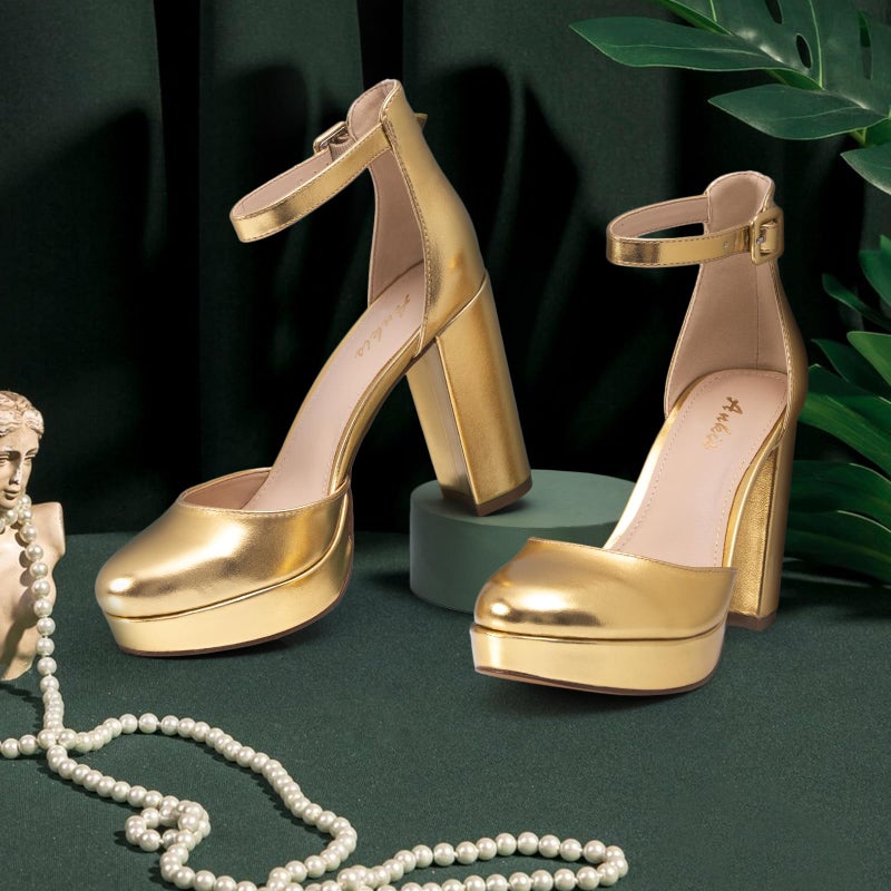 Ankis Gold Platform Closed Toe Heels for Women, Womens Heels Closed Round Toe Chunky Block Pumps Shoes, 4 Inch - Image 2