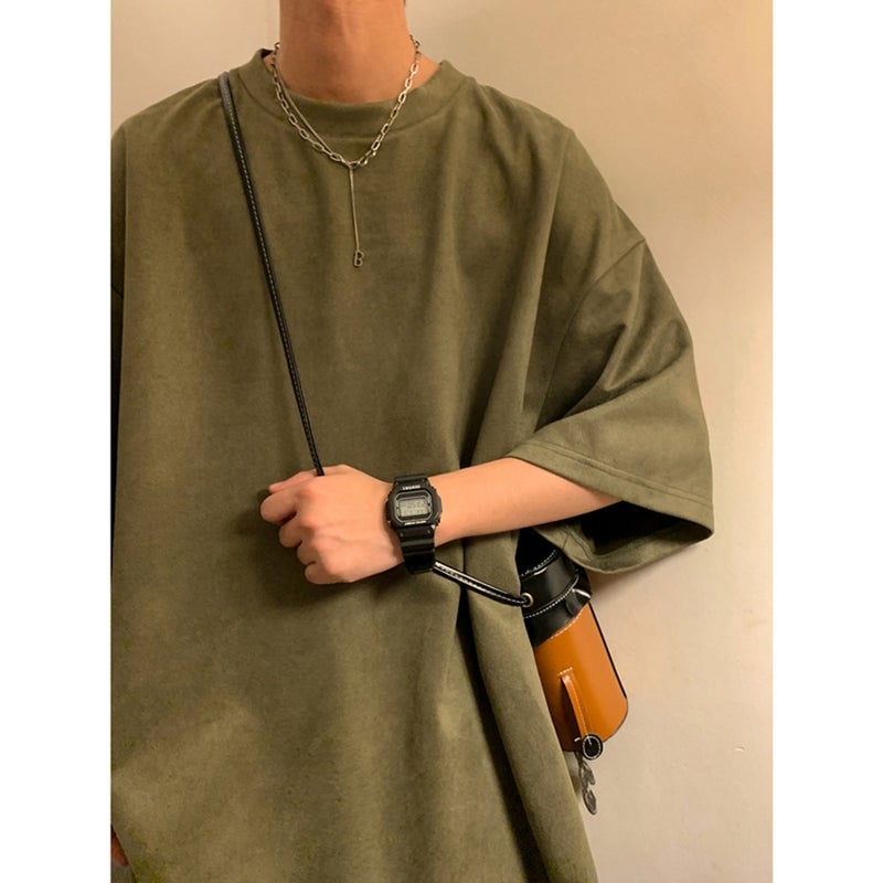 avocado green Heavy T-Shirt Men's American Style Retro Suede Short-sleeved oversize Couple's Half-sleeved Fashion Brand - Image 2