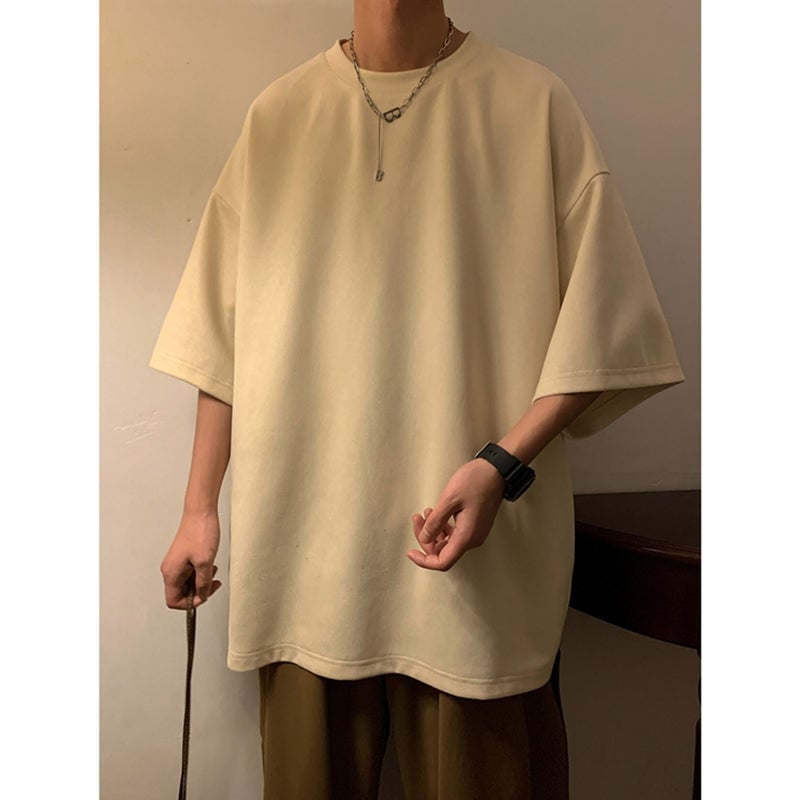 avocado green Heavy T-Shirt Men's American Style Retro Suede Short-sleeved oversize Couple's Half-sleeved Fashion Brand - Image 4