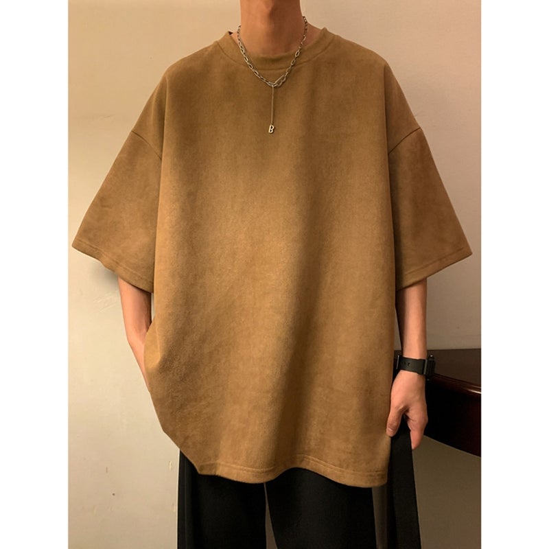 avocado green Heavy T-Shirt Men's American Style Retro Suede Short-sleeved oversize Couple's Half-sleeved Fashion Brand - Image 5