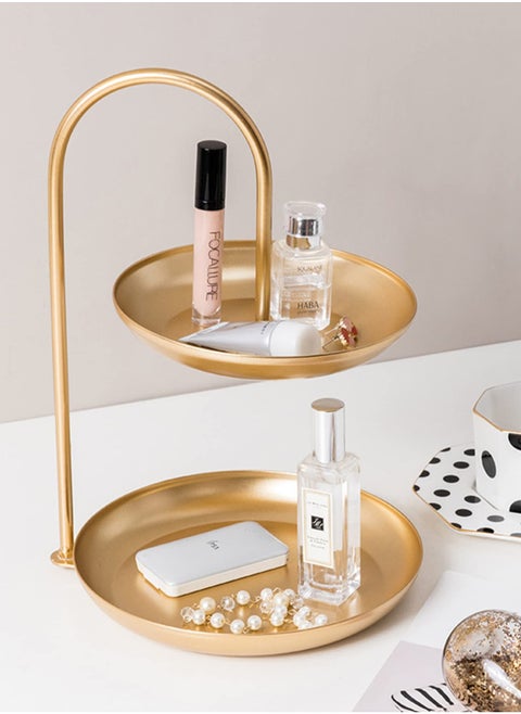 Bracelet Holder, Necklace Holder Jewelry Stand Display, 2-Tier Tabletop Jewelry Organizer Tower for Show Jewelry Bracelets Necklaces Earrings, with Two-Tiered Storage Tray (Gold)