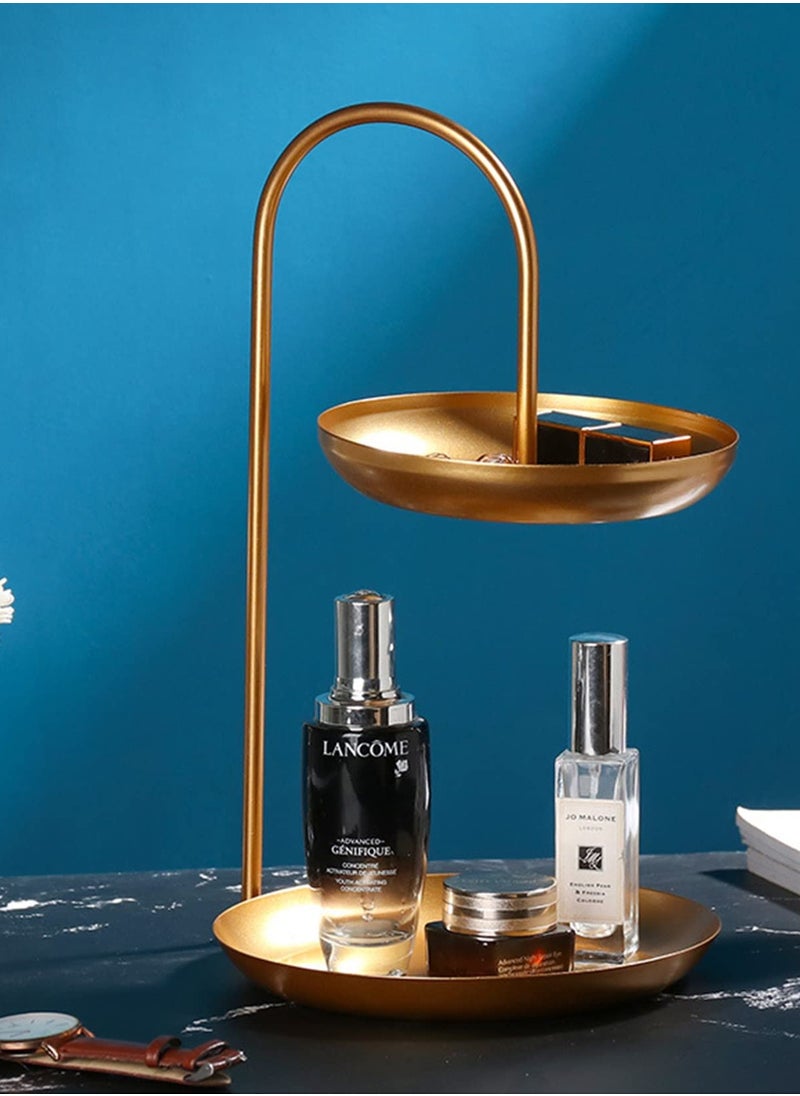 Bracelet Holder, Necklace Holder Jewelry Stand Display, 2-Tier Tabletop Jewelry Organizer Tower for Show Jewelry Bracelets Necklaces Earrings, with Two-Tiered Storage Tray (Gold)