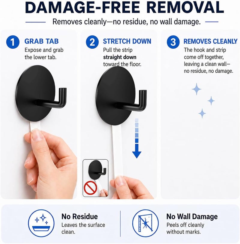 Hoousuper Removable Towel Hooks for Bathrooms, Heavy Duty Adhesive Hooks for Walls No Damage, Black Home Storage Hooks for Inside Shower, Sticky Hooks for Hanging Robe Coat Loofah Clothes Kitchen, 14Pcs Sus304 - Image 4