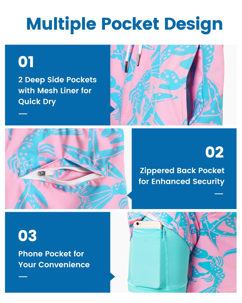 maamgic Mens Swim Trunks with Compression Liner 7 Inch Inseam Mens Bathing Suit Quick Dry Swimming Trunks Swimsuit Starfish Pink Green Medium - Image 4