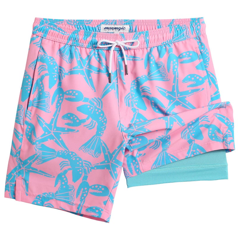maamgic Mens Swim Trunks with Compression Liner 7 Inch Inseam Mens Bathing Suit Quick Dry Swimming Trunks Swimsuit Starfish Pink Green Medium - Image 1