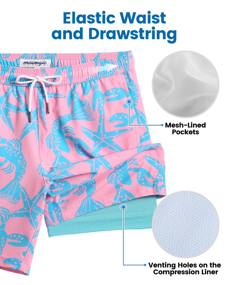 maamgic Mens Swim Trunks with Compression Liner 7 Inch Inseam Mens Bathing Suit Quick Dry Swimming Trunks Swimsuit Starfish Pink Green Medium - Image 3