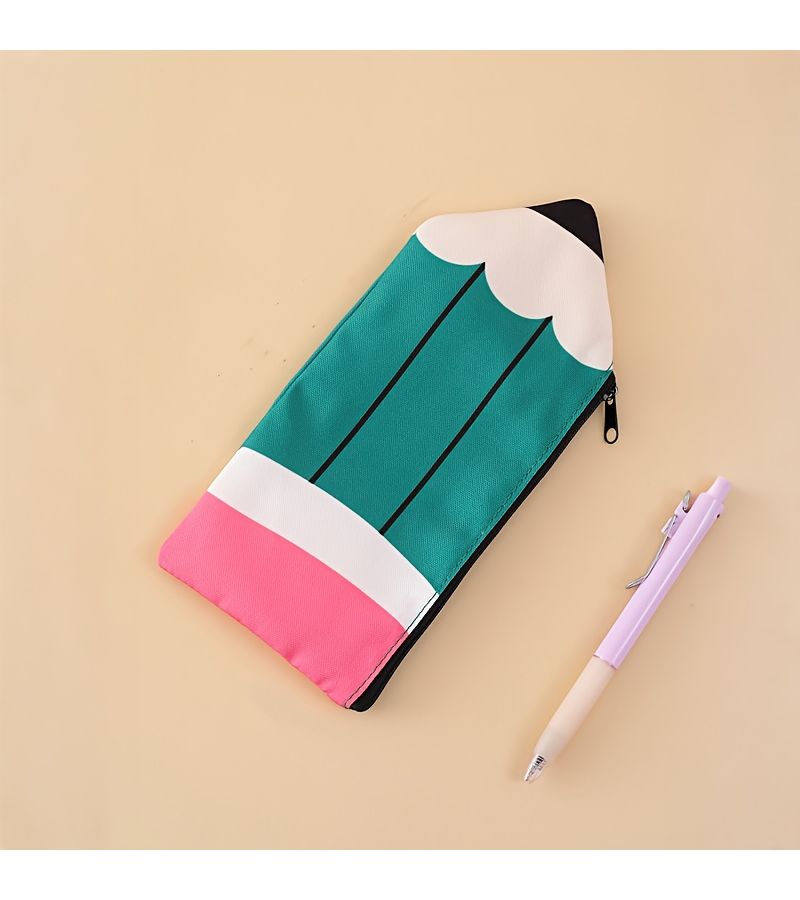 Light Pink Pencil Shaped Zippered Pen Case Medium Capacity Stationery Storage Bag - Image 5
