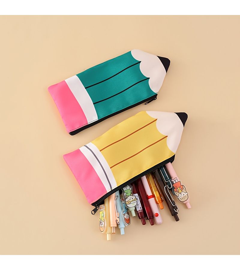 Light Pink Pencil Shaped Zippered Pen Case Medium Capacity Stationery Storage Bag - Image 3