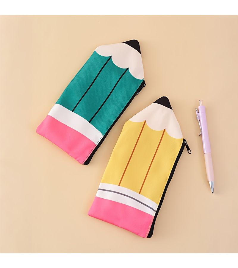 Light Pink Pencil Shaped Zippered Pen Case Medium Capacity Stationery Storage Bag - Image 4