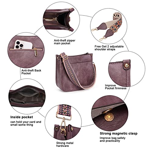 HKCLUF Crossbody Bags for Women Trendy Vegan Leather Hobo Handbags With 2pcs Adjustable Guitar Strap Crossbody Purse For Women(Purple) - Image 5