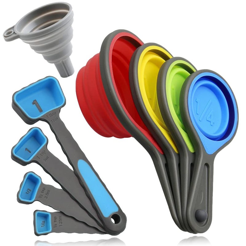 leepiya Measuring Cups and Spoons set Collapsible Measuring Cups 8 piece Measuring Tool Engraved MetricUS Markings for Liquid Dry Measuring Space Saving BPA Free Silicone Colorful