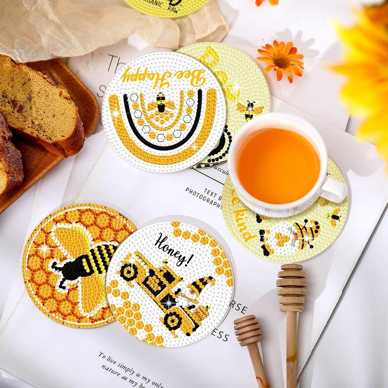Shellwei 8 Pcs Diamond Art Coasters Diamond Painting Coasters with Holder Beginner Adults Kids Art Kit DIY Bee Gnome Diamond Painting Kit Spring Summer Diamond Crafts for Gift - Image 2