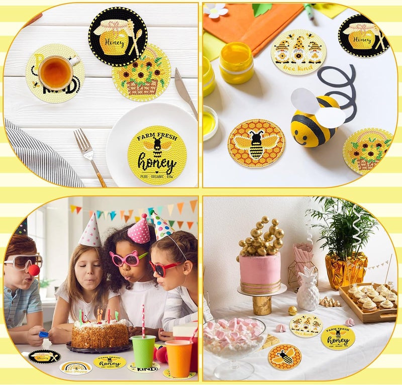 Shellwei 8 Pcs Diamond Art Coasters Diamond Painting Coasters with Holder Beginner Adults Kids Art Kit DIY Bee Gnome Diamond Painting Kit Spring Summer Diamond Crafts for Gift - Image 4