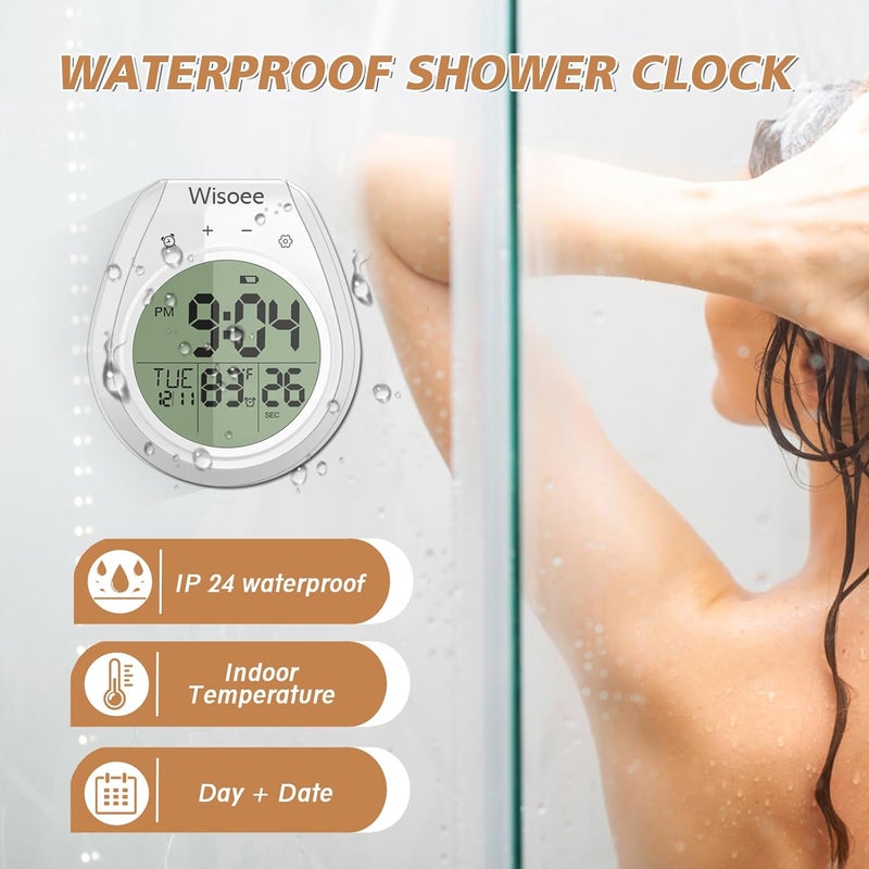 Wisoee Digital Shower Clock Waterproof, Bathroom Timer Clock, Digital Kitchen Wall Clock, Large LCD Display, 12/24 Hour Format, Indoor Temperature, Countdown Timer, Suction Cup Hanging Hole - Image 3