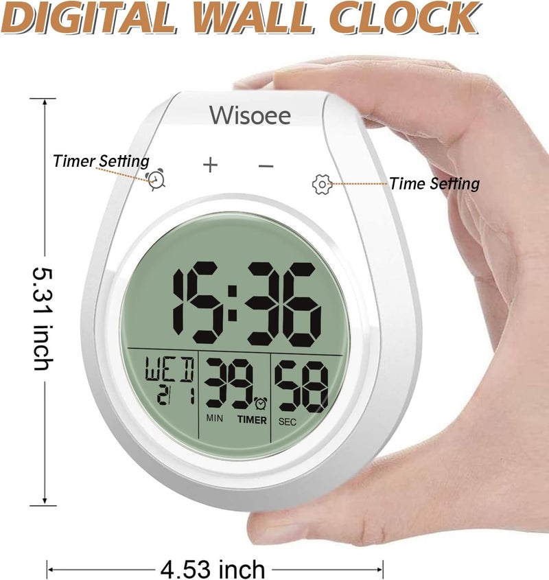 Wisoee Digital Shower Clock Waterproof, Bathroom Timer Clock, Digital Kitchen Wall Clock, Large LCD Display, 12/24 Hour Format, Indoor Temperature, Countdown Timer, Suction Cup Hanging Hole - Image 5
