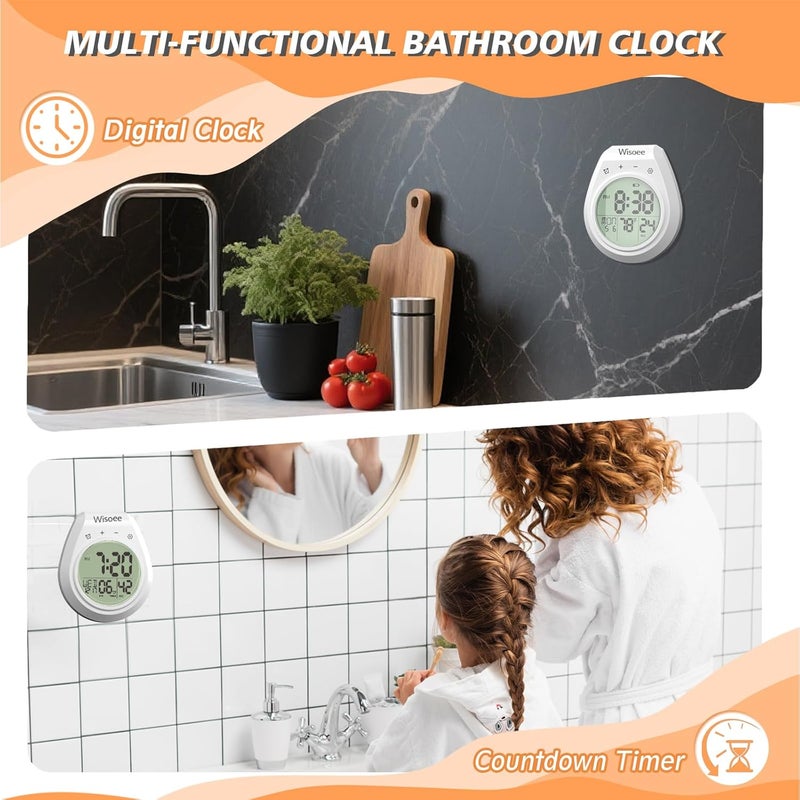 Wisoee Digital Shower Clock Waterproof, Bathroom Timer Clock, Digital Kitchen Wall Clock, Large LCD Display, 12/24 Hour Format, Indoor Temperature, Countdown Timer, Suction Cup Hanging Hole - Image 4