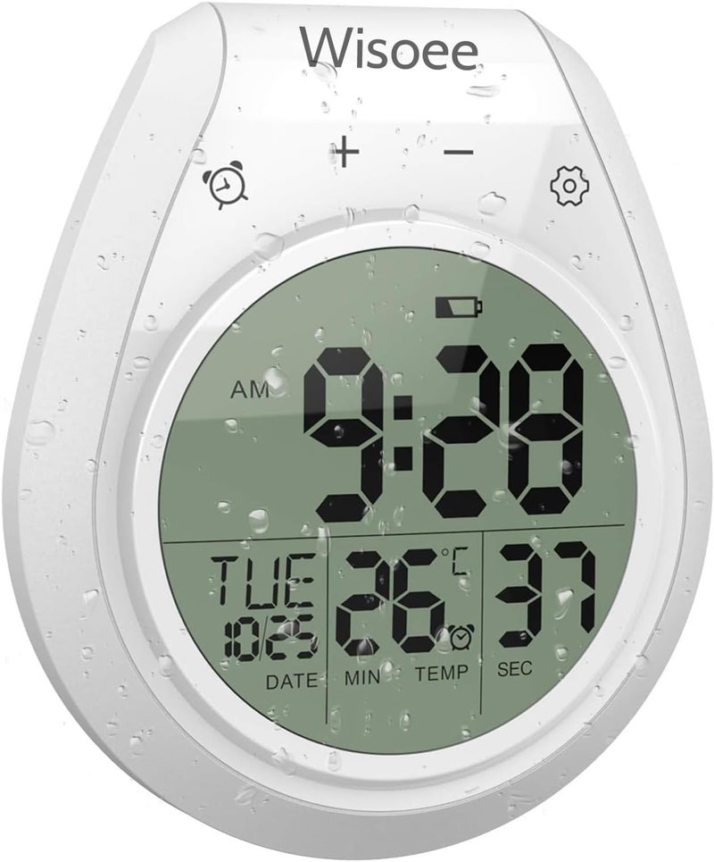 Wisoee Digital Shower Clock Waterproof, Bathroom Timer Clock, Digital Kitchen Wall Clock, Large LCD Display, 12/24 Hour Format, Indoor Temperature, Countdown Timer, Suction Cup Hanging Hole - Image 1