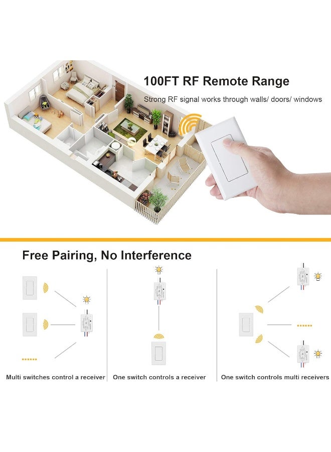 Suraielec 3 Way Wireless Light Switch, No Wiring, No WiFi, 100ft RF Range, Pre-Programmed, Expandable Wireless Wall Switch and Receiver Kit, Remote Control Light Fixture for Lamp, Ceiling Light, Fan  - Image 4