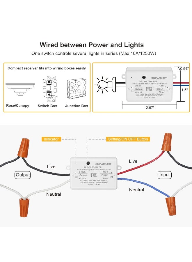 Suraielec 3 Way Wireless Light Switch, No Wiring, No WiFi, 100ft RF Range, Pre-Programmed, Expandable Wireless Wall Switch and Receiver Kit, Remote Control Light Fixture for Lamp, Ceiling Light, Fan  - Image 5