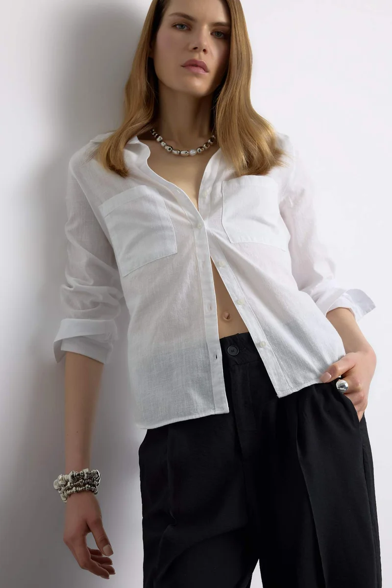 ديفاكتو Regular Fit Shirt Collar Linen Blend Shirt