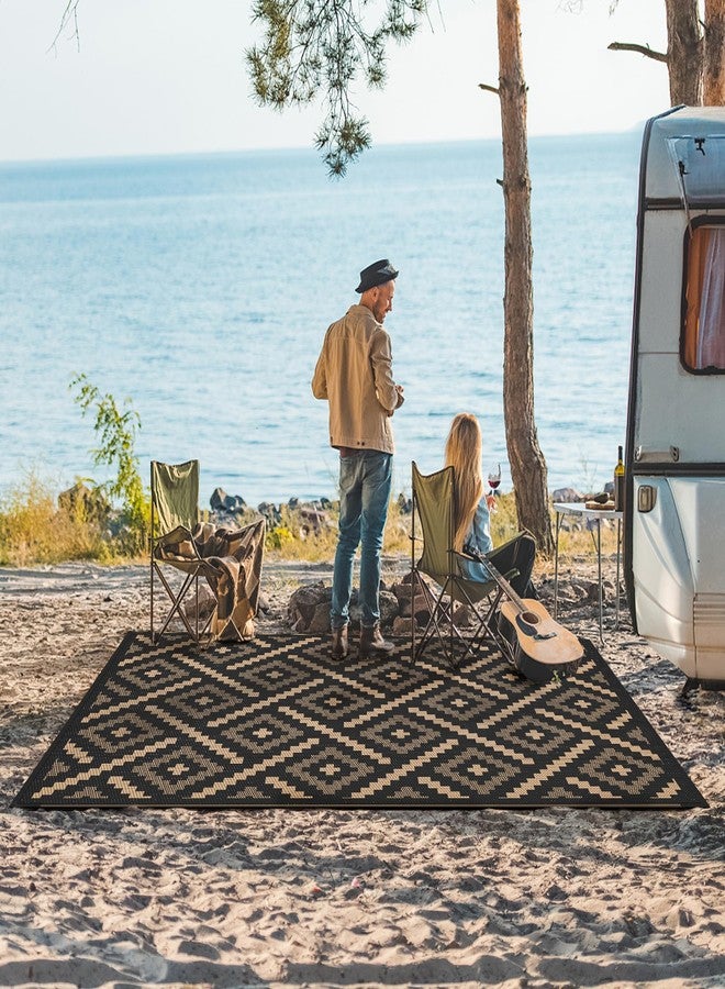 GENIMO سجادة خارجية من جينيمو لتصفية الفناء، حصيرة تخييم مقاومة للماء مقاس 6 × 9 أقدام، سجادات قش بلاستيكية قابلة للعكس للعربات الترفيهية، والمقطورات، والشرفات، والحدائق الخلفية، والنزهات، والباحات (مزيج من الأسود والبني) - Image 2